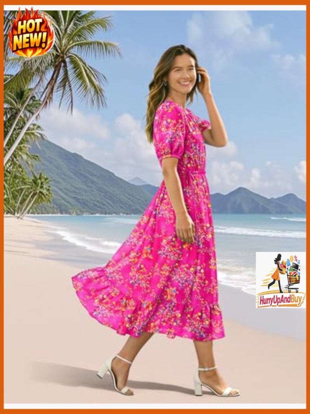 Boho Maxi Dress with Puff Sleeves Drawstring Waist Pockets Summer Casual - Picture 4 of 7